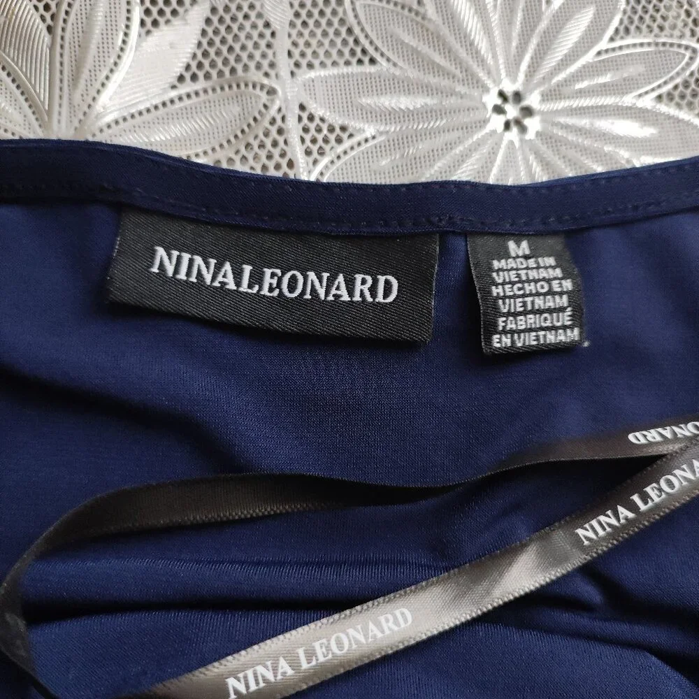 NWOT Nina Leonard Navy Blue Size M Faux Wrap Dress with Flattering Side Drape - Picture 10 of 11